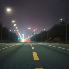 Driving on Empty Road at Night with Street Lights and Car Lights