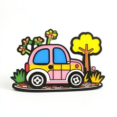 Naklejka premium Charming Cartoon Car Surrounded by Colorful Trees and Flowers in a Playful Design for Children’s Art and Decor