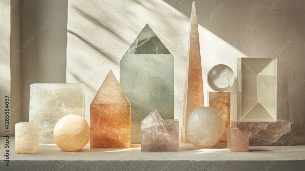 Poster assorted shapes and structures of crystals are displayed in sunlight