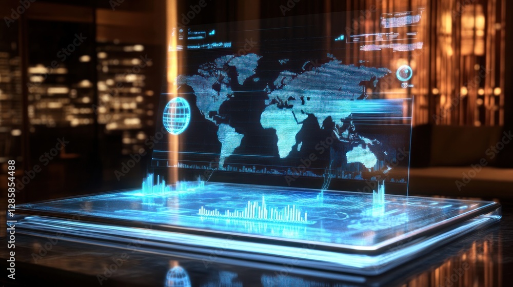 Poster global network data visualization on futuristic tablet