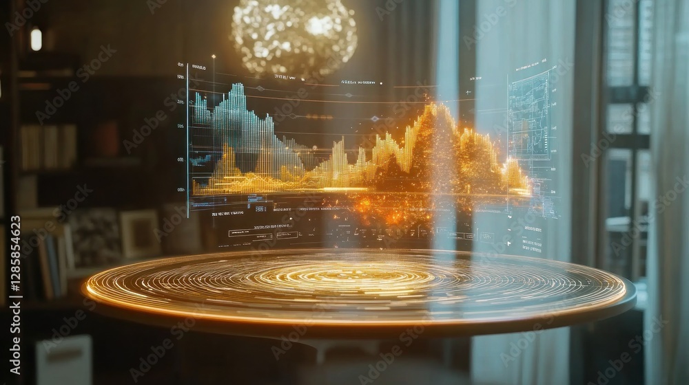 Poster futuristic holographic data visualization on a modern table
