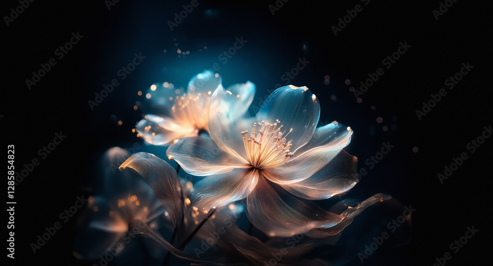 Poster glowing flowers softly illuminate the dark background, creating an ethereal and delicate scene with 