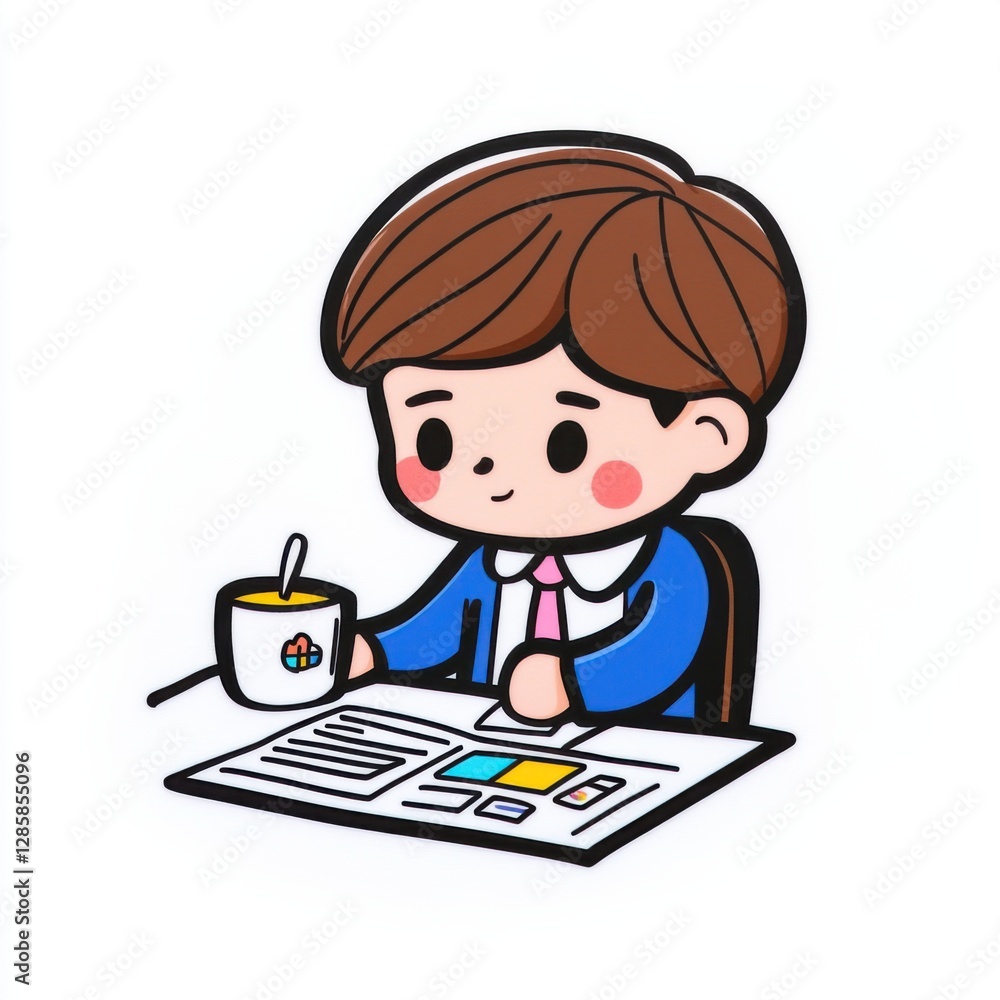 Poster young businessman analyzing data and charts while enjoying a coffee at his workspace
