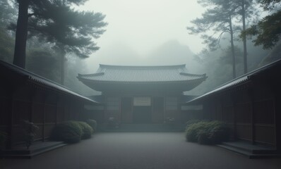 Serene misty temple at dawn