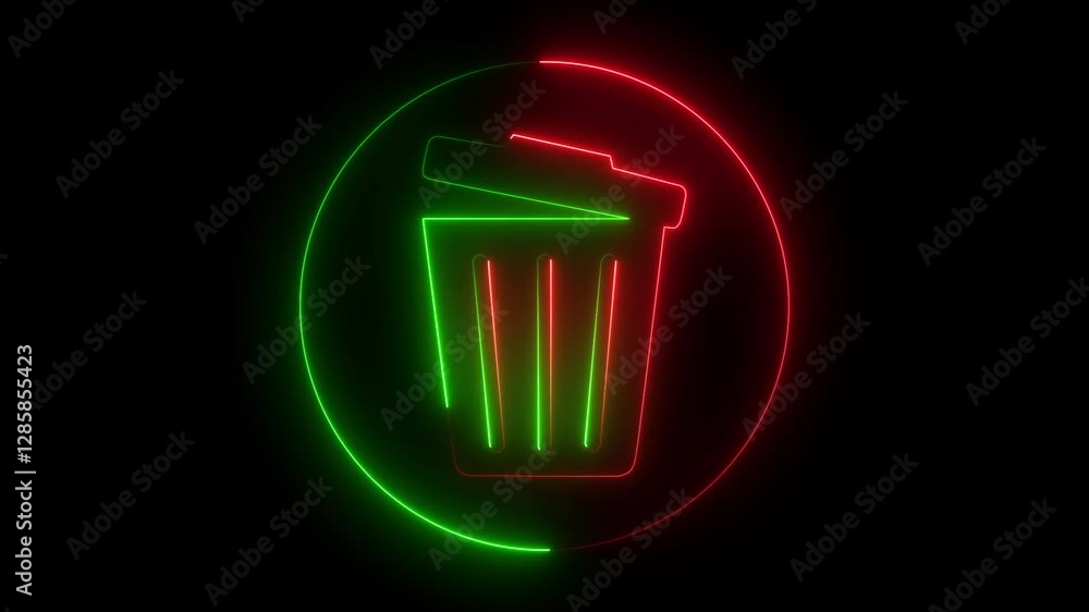 Poster glowing neon line trash can icon animation on black background. garbage bin sign. recycle basket ico