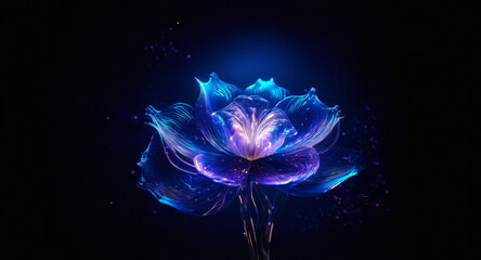 A luminous blue flower with purple accents blooms against a dark backdrop, radiating a soft, ethereal glow and delicate sparkles, creating a magical and enchanting ambiance.
