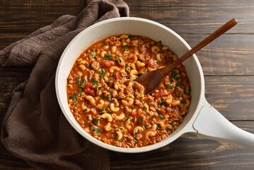 American goulash, dish with ground beef, vegetables and pasta
