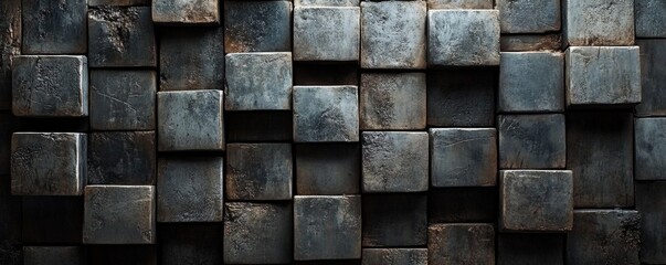 Close-up view of a dark grey stone wall with rugged texture details