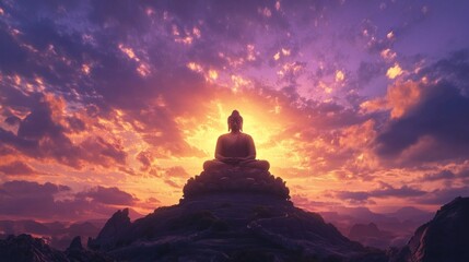 Serene Sunset: Buddha Statue on Mountaintop
