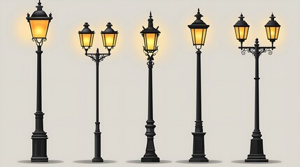 Set street lamp posts isolated on a white background, vector illustration. Black classic street light poles with yellow lamps in different positions.