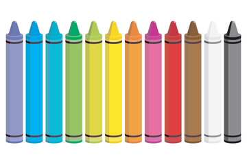 Vector illustration of a set of colorful crayons arranged in a row, isolated on a white background