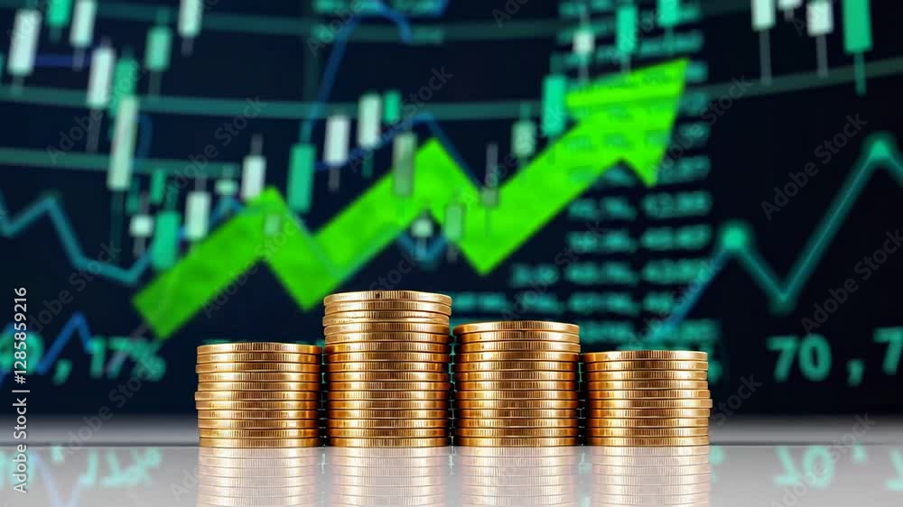 Poster Golden coins stacked in increasing order symbolizing growing profits with a stock market graph showing upward trend, presented in slow motion
