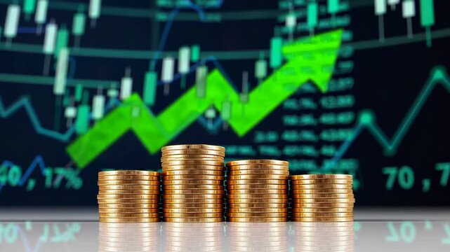 Golden coins stacked in increasing order symbolizing growing profits with a stock market graph showing upward trend, presented in slow motion