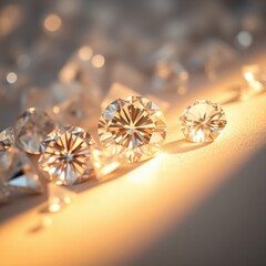 Fototapeta premium Sparkling Diamonds Scattered on Surface with Warm Lighting and Soft Focus