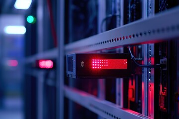 Server rack with illuminated data storage units in a futuristic setting