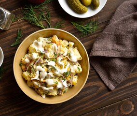 Potato salad with egg, pickle, red onion with mayonnaise and yogurt dressing