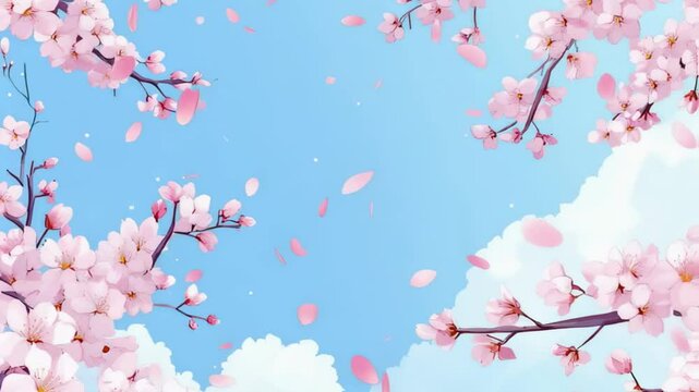 青空と花びら舞い散る満開の桜の花	
