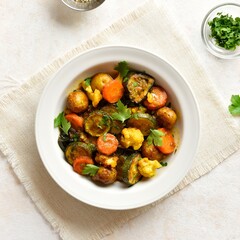 Stewed vegetables in bowl, top view