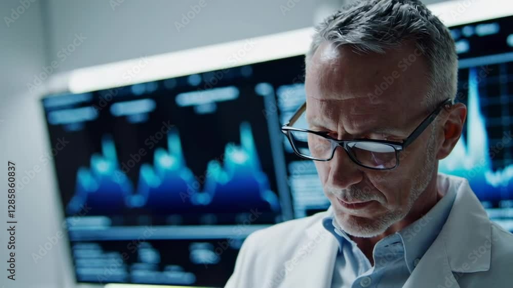Poster Laboratory scientist adjusts glasses while reviewing data displayed on multiple computer screens, engaging in thoughtful analysis within a technologically advanced research setting