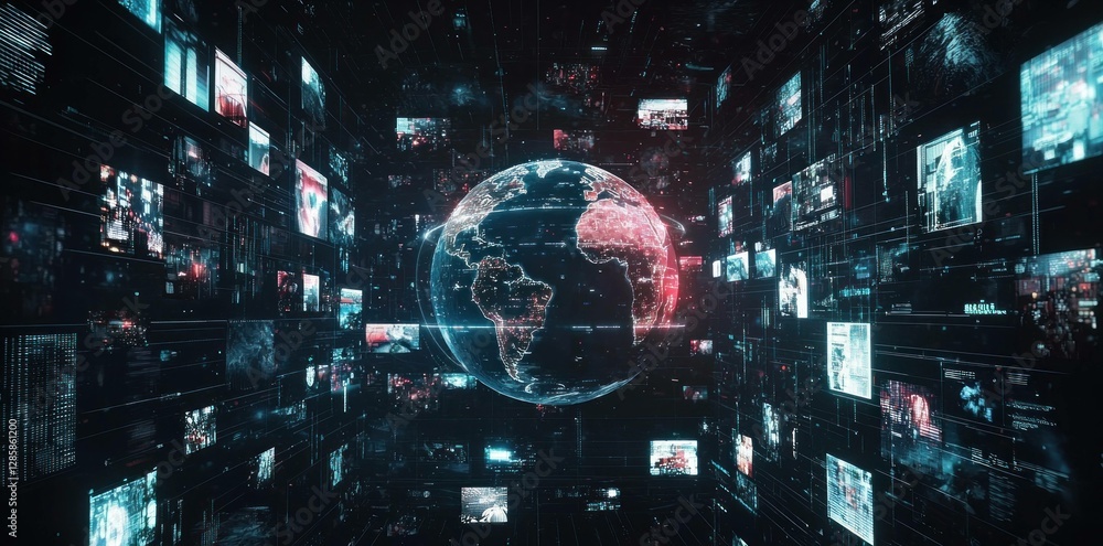 Poster futuristic digital world with interconnected global data streams and vibrant visuals representing so