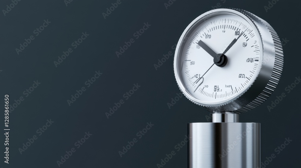 Poster precision pressure gauge displaying measurements on a dark background with metal texture and clean l