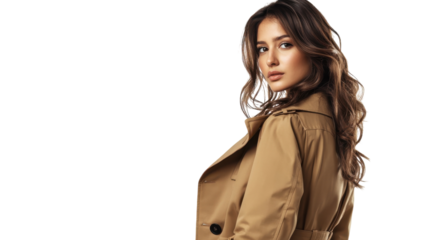 Stylish woman in a fashionable trench coat poses with confidence against a plain background