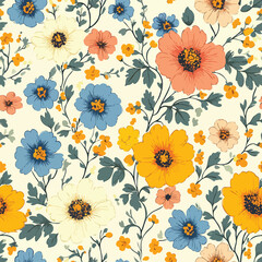 Vintage Pastel Floral Seamless Pattern with Small Bouquets on Cream Background