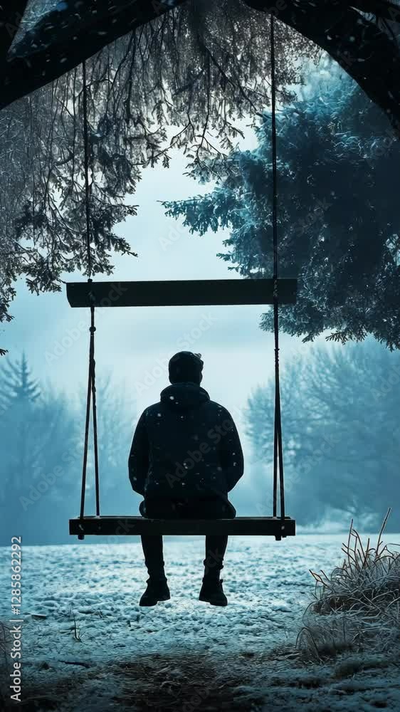 Poster lonely figure on a swing in a snowy forest at dawn with trees in the background