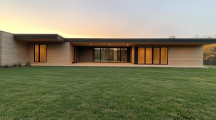 Fototapeta premium Modern architectural home exterior with large windows, sleek lines, and a soft sunset glow, showcasing contemporary design elements and open spaces