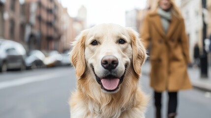 Happy Golden Retriever Dog Smiling in City Street with Woman Walking in the Background