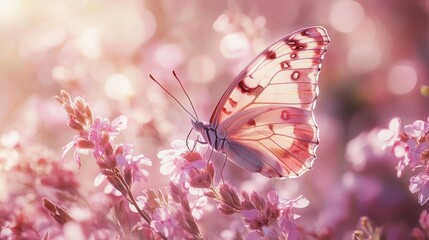 Naklejka premium Pink butterfly on flowers, sunlight, bokeh, springtime
