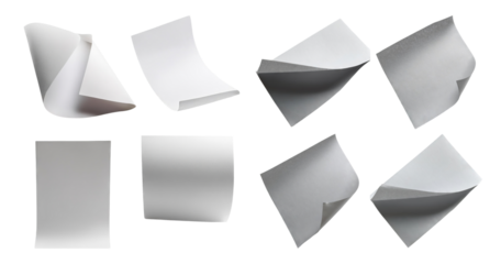 Various Folded and Crumpled Blank Paper Sheets for Design Use, isolated on transparent background