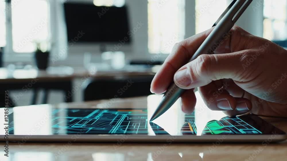Aufkleber Close up slow motion of an engineer using a stylus to draw blueprints on a digital tablet, showcasing innovative design in a modern office setting