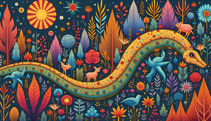 Colorful abstract fusion of flora and fauna in surreal landscape, creativity