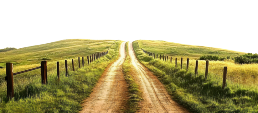 Winding Road Through Green Hills: An asphalt road gracefully curves through rolling green hills, isolated on transparent or white background, png, inviting exploration and travel.