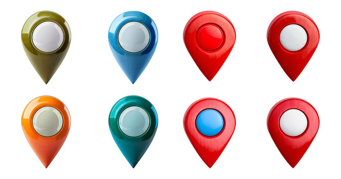 Colorful location markers for map applications and navigation tools, isolated on transparent background