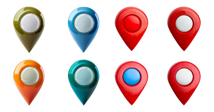 Colorful location markers for map applications and navigation tools, isolated on transparent background