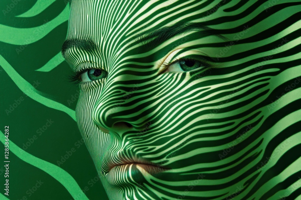 Poster green abstract portrait of a model with striped patterns, showcasing unique beauty and artistic expr