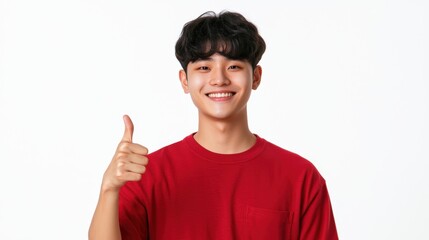 Young Man in Red Shirt Giving Thumbs Up Gesture with Friendly Smile in Studio Setting