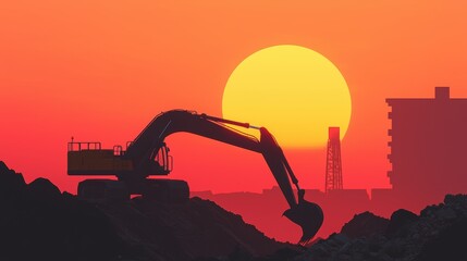 Excavator Silhouette Against Vibrant Sunset Over Cityscape and Industrial Landscape