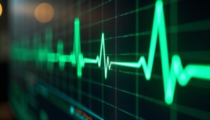Heartbeat monitor displaying green ECG rhythm with blurred background