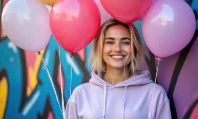 Smiling woman with colorful balloons