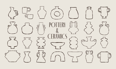 Various minimalistic pottery and ceramics. Hand drawn vector line art illustration. All elements are isolated.
