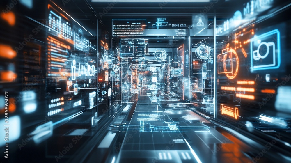 Poster futuristic data center hallway with digital displays and network activity
