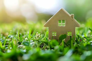 Miniature house model on lush green grass with soft sunlight creating a serene atmosphere