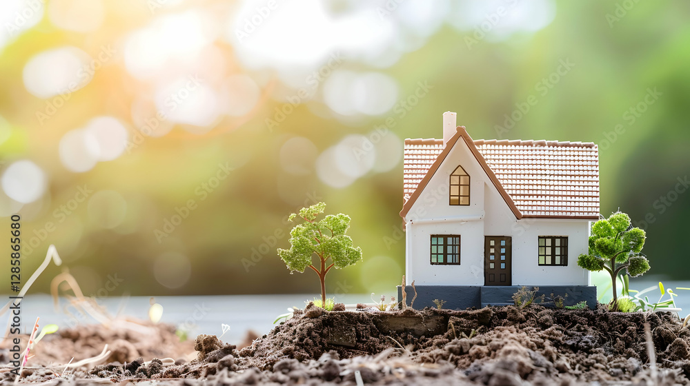 Poster miniature house model on soil with greenery, sunlight filtering through trees in background
