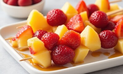 Colorful fruit skewers on a plate