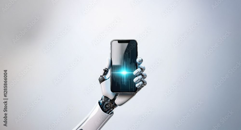 Poster a robotic arm holds a mobile phone displaying a bright, glowing light on the screen. suggesting them