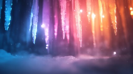 Obraz premium Colorful icicles illuminated by light source, cave setting