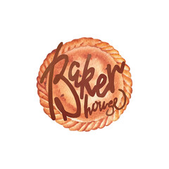 Baker house. A traditional watercolor closed round pie with a hand-lettered inscription on top.